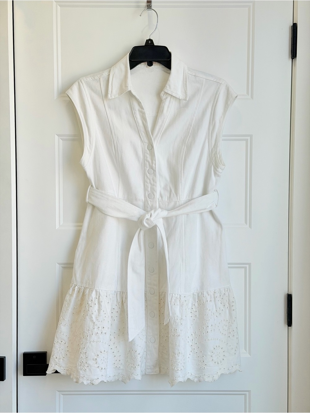 Solitaire White Sleeveless Eyelet Shirt Dress with Waist Tie